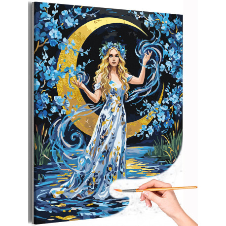 Девушка с цветами на фоне луны Темное фэнтези