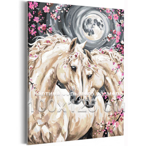 Пара лошадей в цветущем саду Кони Для влюбленных