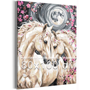 Пара лошадей в цветущем саду Кони Для влюбленных 