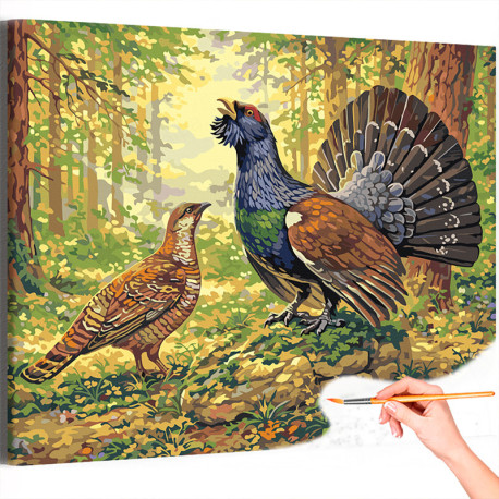 Глухарь Птицы в лесу Пара Природа Семья Весна На свадьбу Раскраска картина по номерам на холсте