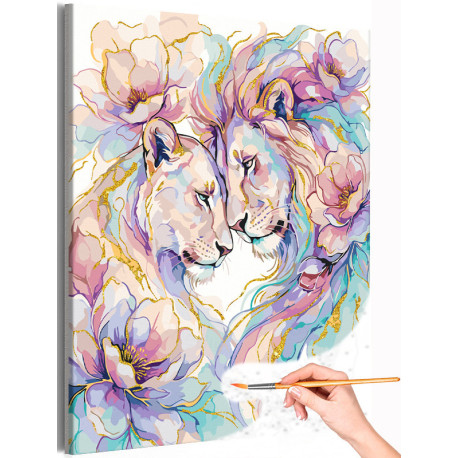 Львы семья с золотой краской Лев и львица С цветами 