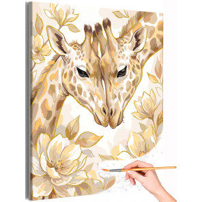 Пара жирафов с золотой краской Животные Семья Влюбленные Нежная Раскраска картина по номерам на холсте с металлической краской