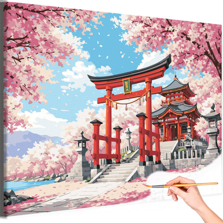 Японский пейзаж с сакурой и домом Японский стиль Весна Япония Горы Цветущий сад Раскраска картина по номерам на холсте