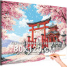 Японский пейзаж с сакурой и домом Японский стиль Весна Япония Горы Цветущий сад 80х120 Раскраска картина по номерам на холсте