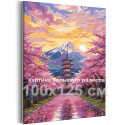 Японский пейзаж с цветущей сакурой и горой Фудзияма Японский стиль Весна Япония Закат Розовая 100х125 Раскраска картина по номерам на холсте