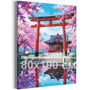 Японский пейзаж с сакурой и прудом Японский стиль Весна Япония Горы Цветущий сад 80х100 Раскраска картина по номерам на холсте