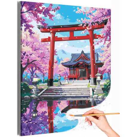 Японский пейзаж с сакурой и прудом Японский стиль