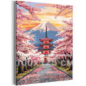 Японский пейзаж с цветущей сакурой и горой Фудзи Японский стиль Весна Япония Рассвет Розовая 100х125 Раскраска картина по номерам на холсте
