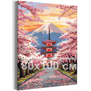 Японский пейзаж с цветущей сакурой и горой Фудзи