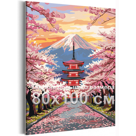 Японский пейзаж с цветущей сакурой и горой Фудзи