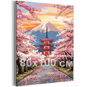 Японский пейзаж с цветущей сакурой и горой Фудзи Японский стиль Весна Япония Рассвет Розовая 80х100 Раскраска картина по номерам на холсте