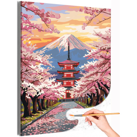 Японский пейзаж с цветущей сакурой и горой Фудзи