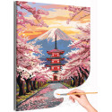 Японский пейзаж с цветущей сакурой и горой Фудзи Японский стиль Весна Япония Рассвет Розовая Раскраска картина по номерам на холсте