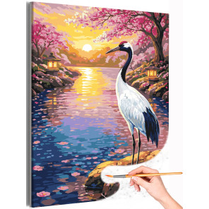 Япония Сакура и журавль на закате Пейзаж 