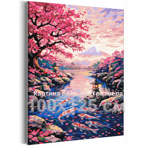 Японский пейзаж с цветущей сакурой и горой Фудзи