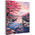 Японский пейзаж с цветущей сакурой и горой Фудзи Японский стиль Пруд и карпы кои Весна Япония Розовая 100х125 Раскраска картина по номерам на холсте
