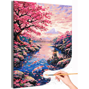 Японский пейзаж с цветущей сакурой и горой Фудзи