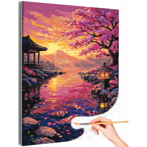 Японский пейзаж с цветущей сакурой и горой Фудзи