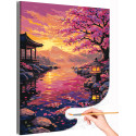 Японский пейзаж с цветущей сакурой и горой Фудзи Японский стиль Пруд и карпы кои Весна Япония Раскраска картина по номерам на холсте