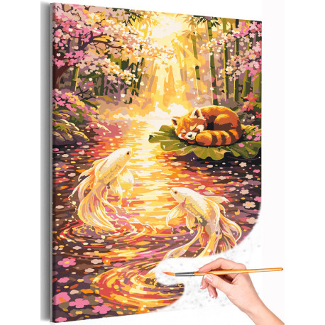 Красная панда и карпы кои у сакуры Китайский стиль