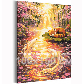 Красная панда и карпы кои у сакуры Китайский стиль