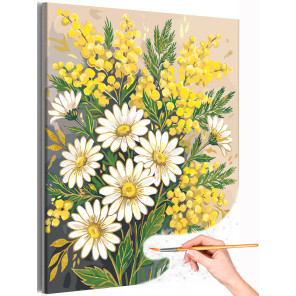 Мимоза и ромашки Цветы с золотой краской