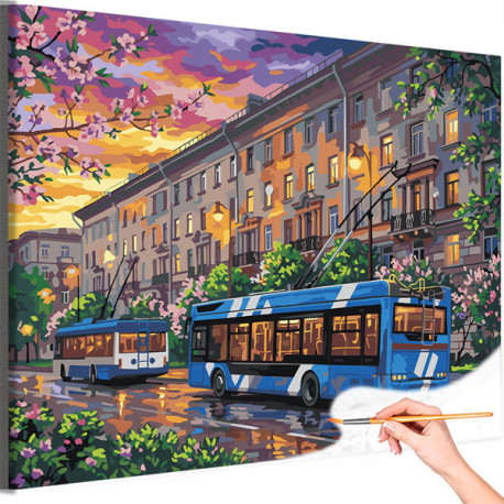 Троллейбус Городской пейзаж Весенняя улица Питер Пятиэтажка Сумерки Города и страны Раскраска картина по номерам на холсте