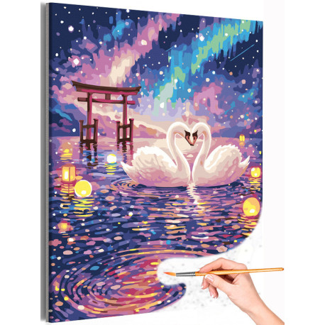 Пара лебедей на озере Птицы Любовь Романтика Для влюбленных Японский стиль Раскраска картина по номерам на холсте