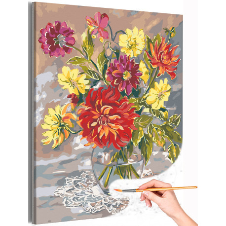 Хризантемы в вазе Цветы Букет Натюрморт Георгины Ваза с цветами Для мамы Раскраска картина по номерам на холсте