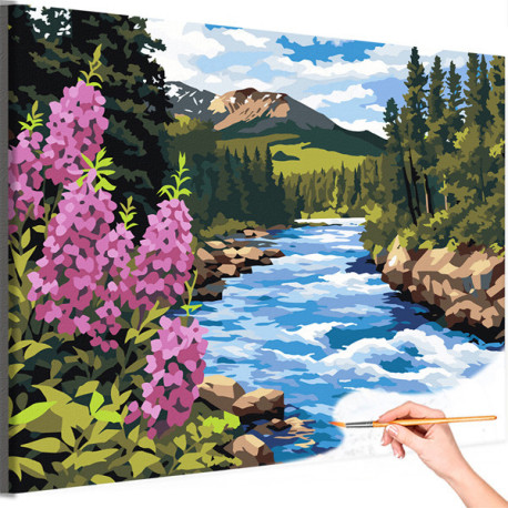 Пейзаж с горной рекой и цветами Горы