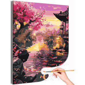 Япония Пейзаж с сакурой и горой Фудзияма