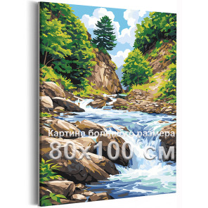 Река в горах Кавказа Природа Пейзаж Горы Вода Лето Россия 80х100 Раскраска картина по номерам на холсте
