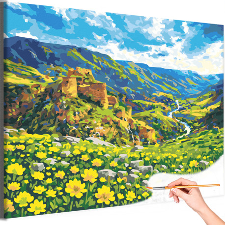 Горный пейзаж с желтыми цветами Природа Горы Кавказа Армения Крепость Река Лето Раскраска картина по номерам на холсте AAAA-NK1
