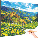 Горный пейзаж с желтыми цветами Природа Горы Кавказа Армения Крепость Река Лето Раскраска картина по номерам на холсте