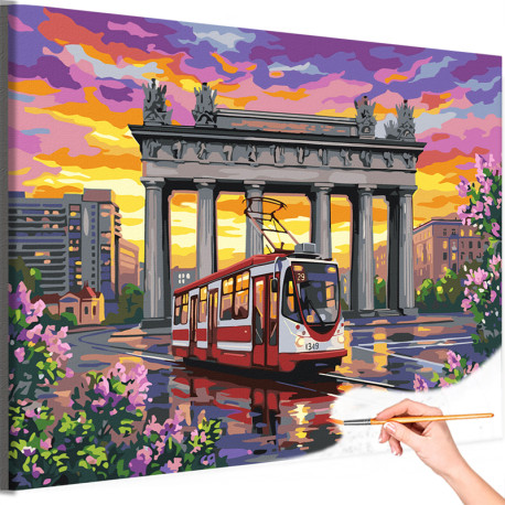  Трамвай Санкт-Петербург Нарвские триумфальные ворота Городской пейзаж Архитектура Питер Достопримечательности Раскраска картина