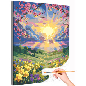  Пейзаж с весенними цветами и сакура Природа Закат Горы Раскраска картина по номерам на холсте AAAA-NK1636
