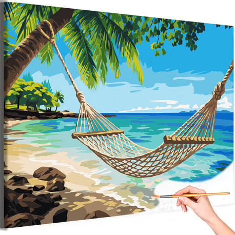 Море Гамак на пляже Пальмы Релакс Океан Вода Морской пейзаж Природа Мальдивы Раскраска картина по номерам на холсте