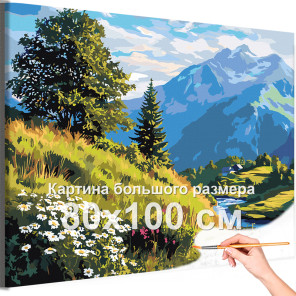 Горы Кавказа река и цветы Пейзаж Природа Россия Лето 80х100 Раскраска картина по номерам на холсте