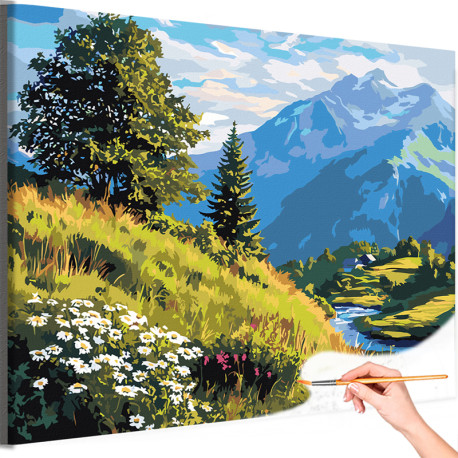  Горы Кавказа река и цветы Пейзаж Природа Россия Лето Раскраска картина по номерам на холсте AAAA-NK1680