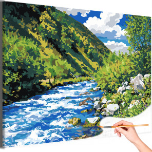  Горы Кавказа и река Пейзаж Природа Россия Лето Вода Раскраска картина по номерам на холсте AAAA-NK1677