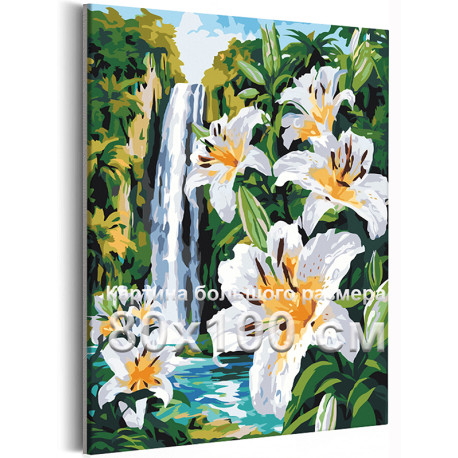 Природа Цветы лилии и водопад Пейзаж Лето Горы 80х100 Раскраска картина по номерам на холсте