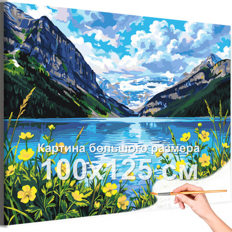 Горы Кавказа и озеро Пейзаж Природа Россия Лето Цветы 100х125 Раскраска картина по номерам на холсте