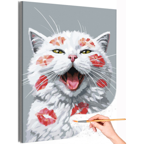  Кот мем Животные Белый котик в отпечатках губ Смешные Прикольные Эмоции Милая Раскраска картина по номерам на холсте AAAA-NK166