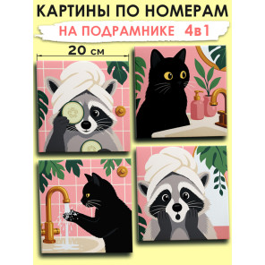  Котик и енот Мем Набор картин по номерам на подрамнике 20х20 см 4 шт 4NP051