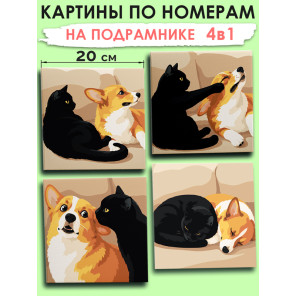 Мини картины по номерам на подрамнике Мем Корги и кот 20х20