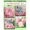 Мини картины по номерам на подрамнике Пионы и котик 20х20