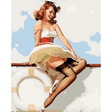Девушка на яхте. Пинап Раскраска картина по номерам акриловыми красками на холсте Menglei