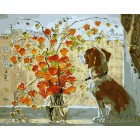 Собака на окне Раскраска картина по номерам акриловыми красками на холсте