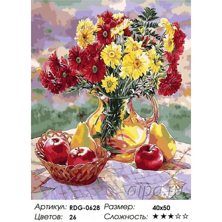 Количество цветов и сложность Букет и корзиночка фруктов Раскраска картина по номерам акриловыми красками на холсте