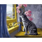 Кошка на окошке Раскраска картина по номерам акриловыми красками на холсте